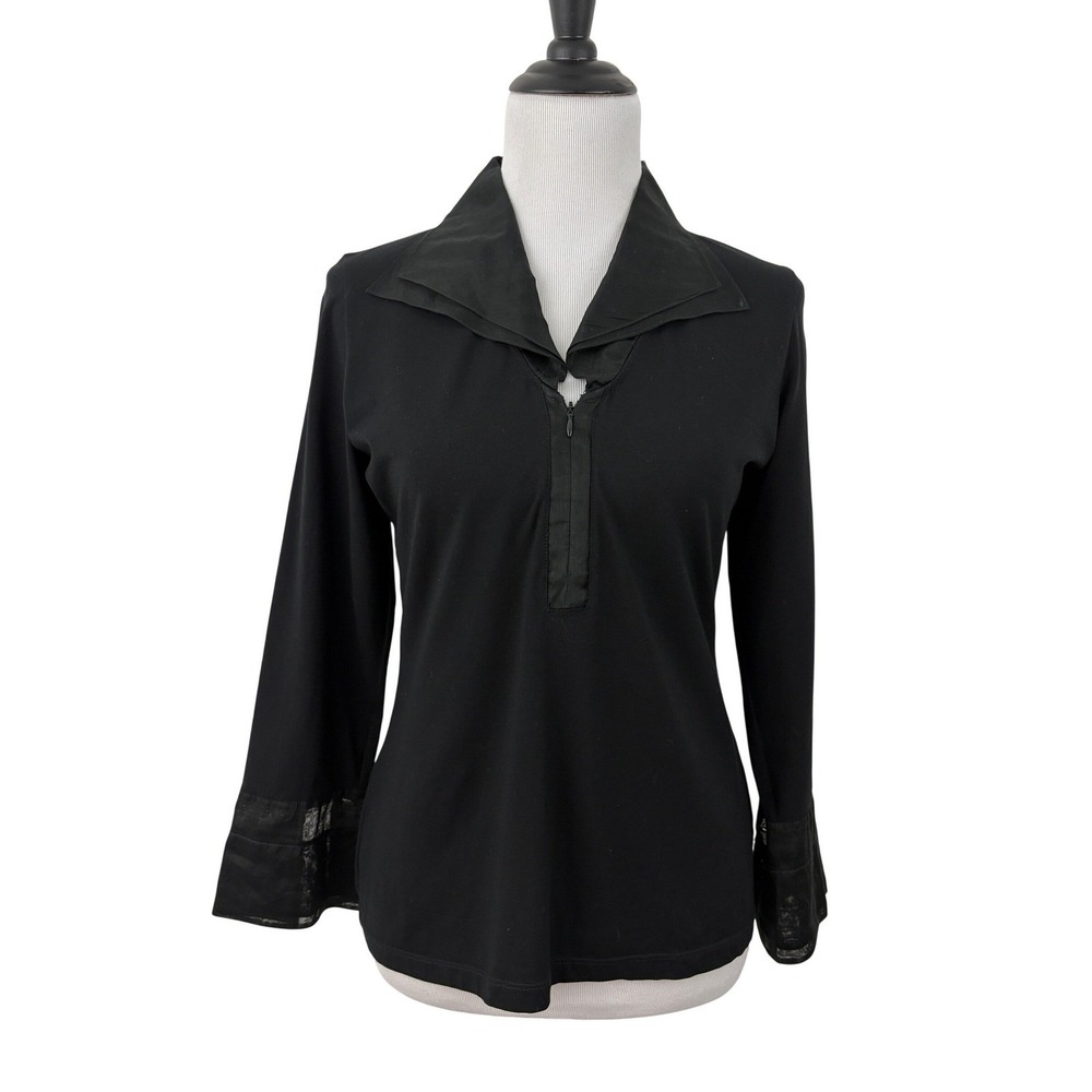 Anne Fontaine Perdy Double Collared Blouse Size 40 Black Long Sleeve Cotton